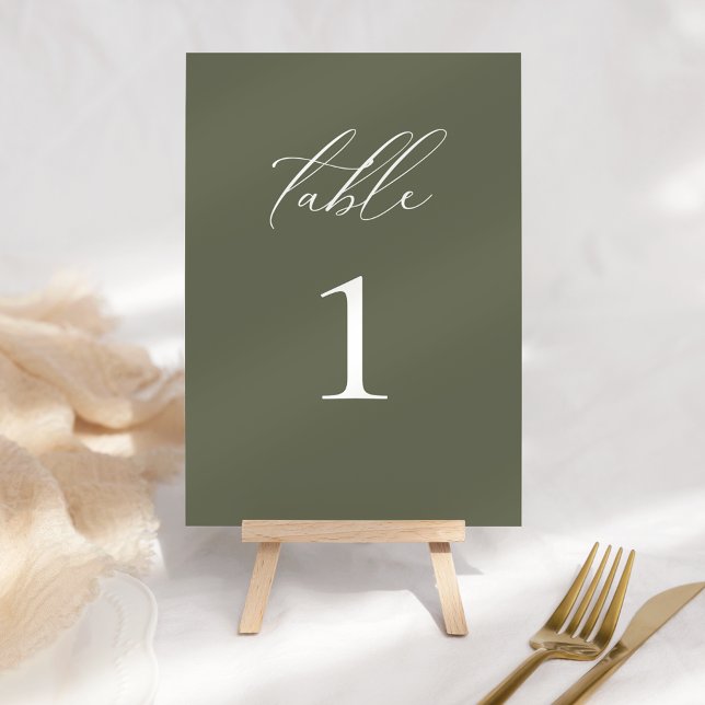 Modern Elegant Script Olive Wedding Table Number (Creator Uploaded)