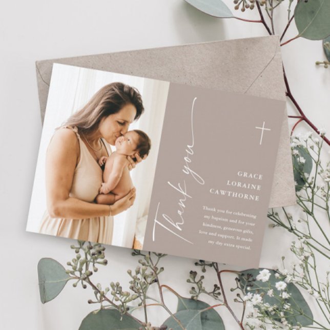 Modern Elegant Script Photo Baptism Thank You Card (Creator Uploaded)