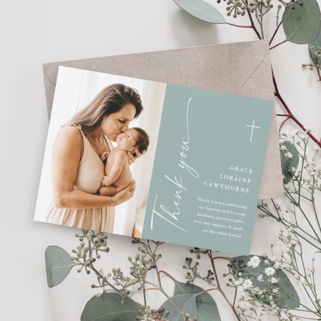 Modern Elegant Script Photo Baptism Thank You Card (Creator Uploaded)