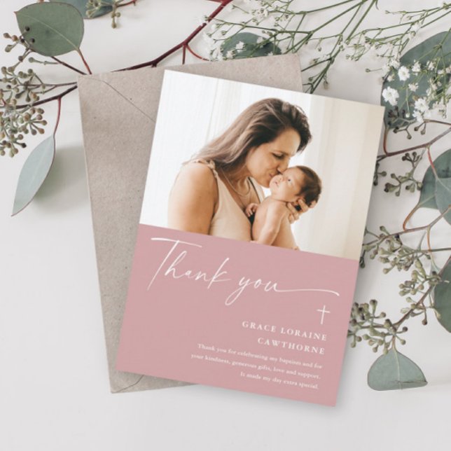 Modern Elegant Script Photo Baptism Thank You Card (Creator Uploaded)