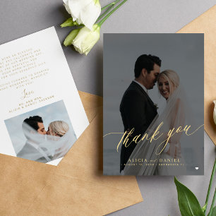 Modern elegant script photo black gold wedding  thank you card