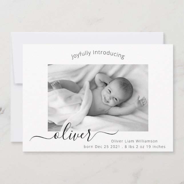 Modern Elegant Script Photo Collage New Baby Birth Announcement (Front)