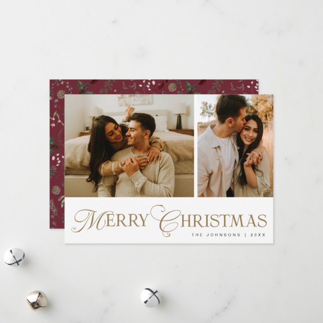 Modern Elegant Script Photo Collage Red Christmas Holiday Card (Front/Back In Situ)
