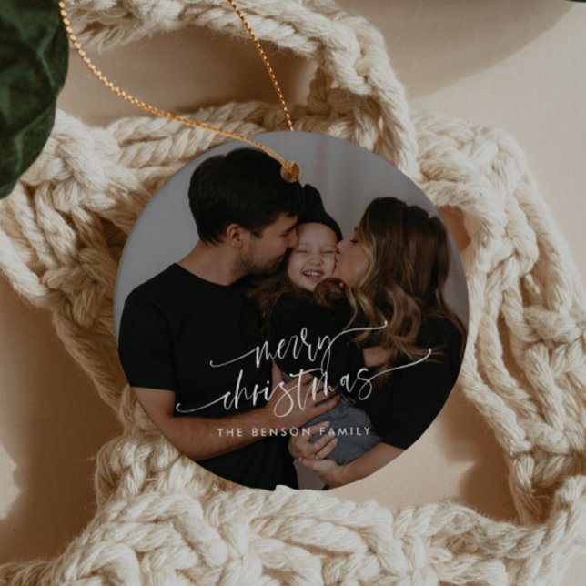 Modern Elegant Script Photo Family Ceramic Ornament (Creator Uploaded)