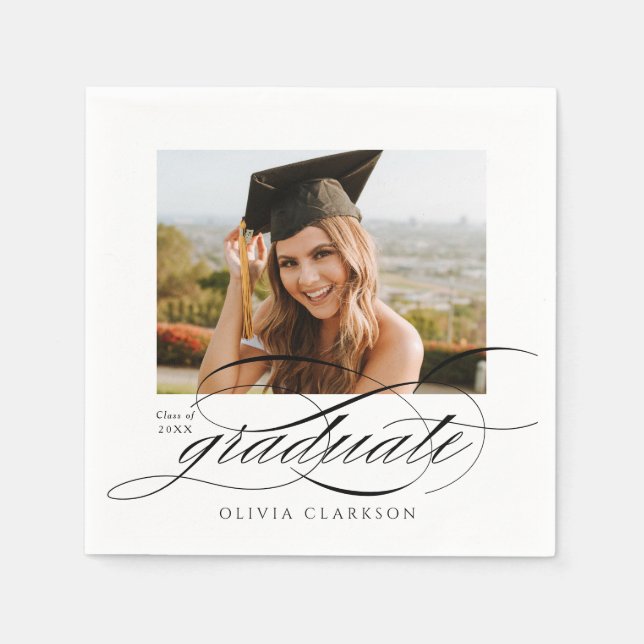 Modern Elegant Script Photo Graduation Party Napkin (Front)