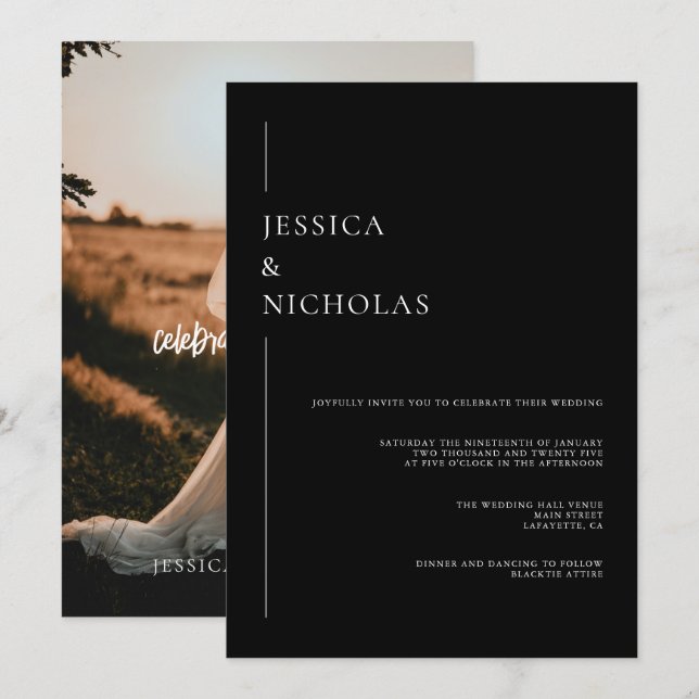 Modern Elegant Script Photo Wedding Classic Invitation (Front/Back)
