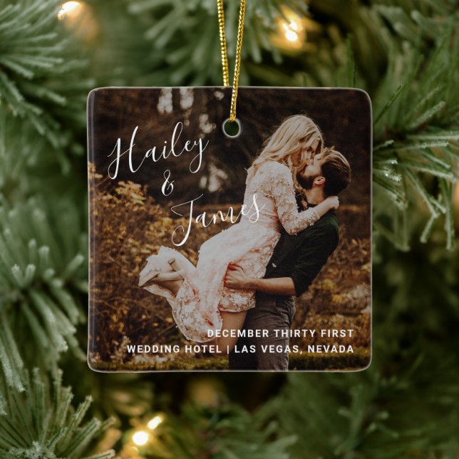 Modern Elegant Script Photo Wedding Favour Ceramic Ornament (Tree)
