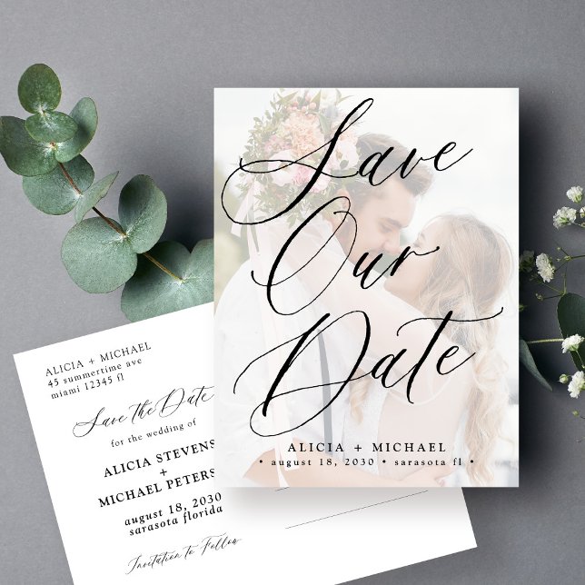 Modern elegant script photo wedding save the date announcement postcard (Creator Uploaded)