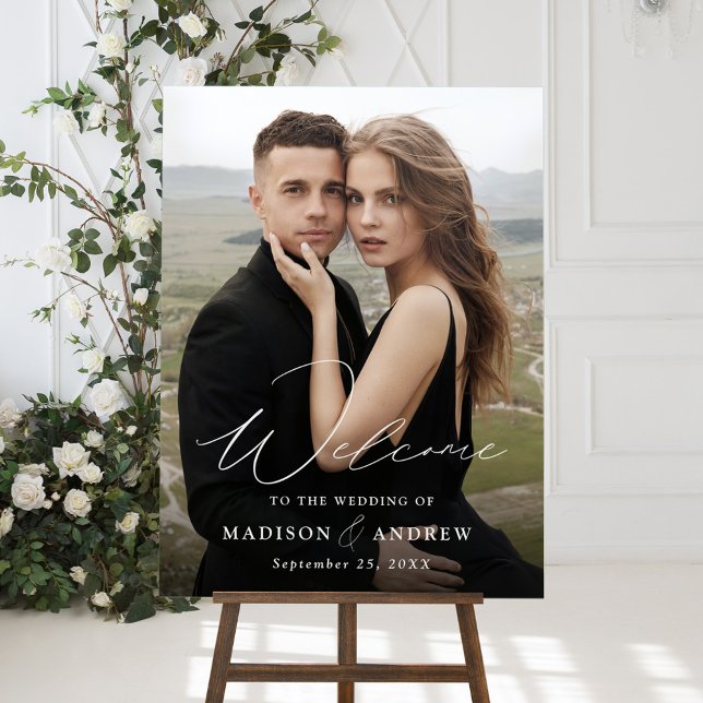 Modern Elegant Script Photo Wedding Welcome Acrylic Sign (Creator Uploaded)