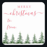 Modern & Elegant Script Pine Trees Christmas Gift Square Sticker<br><div class="desc">Our stylish gift sticker is the perfect choice for this holiday season! Modern and elegant the design features "Merry Christmas" in a red script and watercolor pine trees at the bottom as decoration.</div>