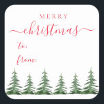 Modern & Elegant Script Pine Trees Christmas Gift Square Sticker<br><div class="desc">Our stylish gift sticker is the perfect choice for this holiday season! Modern and elegant the design features "Merry Christmas" in a red script and watercolor pine trees at the bottom as decoration.</div>