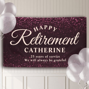 Modern Elegant Script Pink Glitter Retired Party Banner
