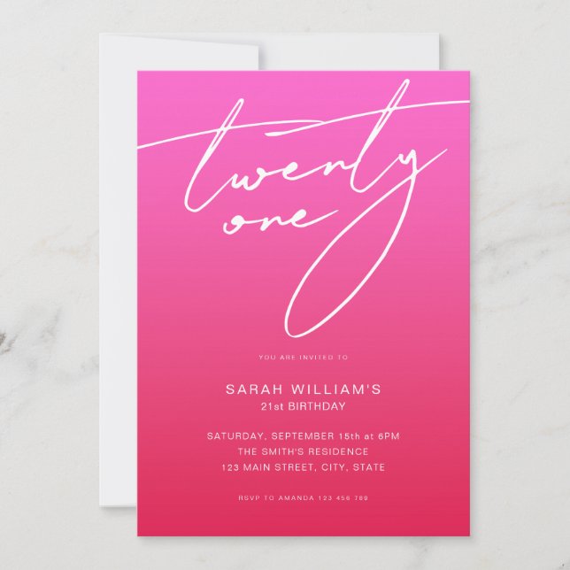 Modern Elegant Script Pink Red 21st Birthday Invitation (Front)