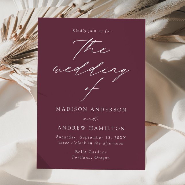 Modern Elegant Script Plum Purple Wedding Invitation (Creator Uploaded)