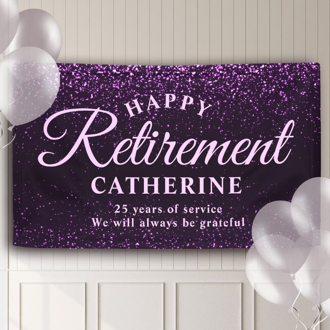 Modern Elegant Script Purple Glitter Retired Party Banner (Creator Uploaded)