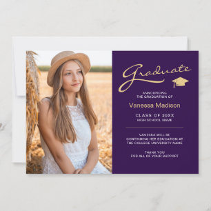 Modern Elegant Script Purple & Gold 2 Photo Grad Announcement