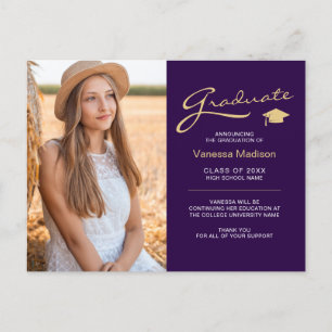 Modern Elegant Script Purple & Gold   2 Photo Grad Postcard