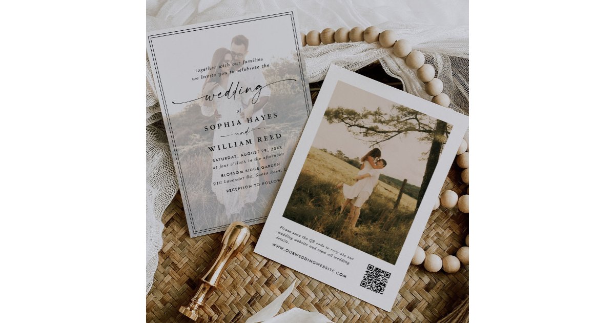 Answer Booklet Script Qr Code Photo Modern Elegant Script QR Code Photo Budget Wedding Invitation | Zazzle