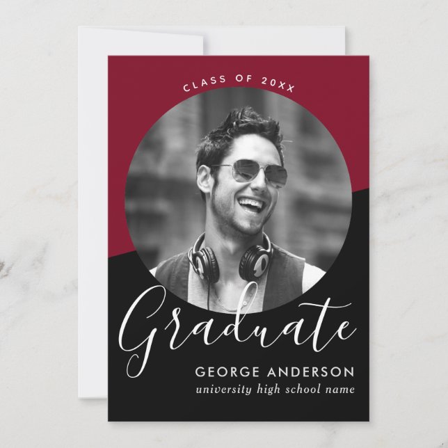 Modern Elegant Script Red Black | Photo Graduation Invitation (Front)