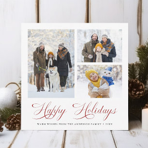 Modern Elegant Script Red Happy Holidays 3 Photo Holiday Card