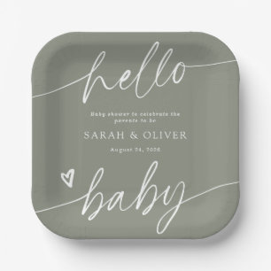 Modern Elegant Script Sage Green Baby Shower Paper Plate