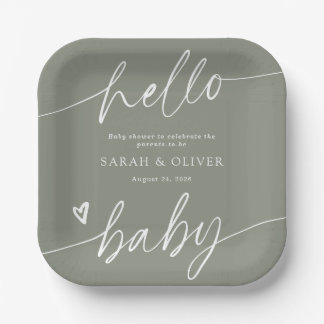 Modern Elegant Script Sage Green Baby Shower Paper Plate