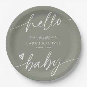 Modern Elegant Script Sage Green Baby Shower Paper Plate