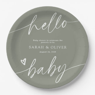 Modern Elegant Script Sage Green Baby Shower Paper Plate