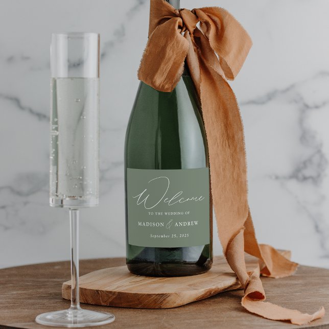 Modern Elegant Script Sage Green Wedding Sparkling Wine Label (Creator Uploaded)