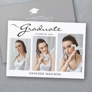 Modern Elegant Script Simple 3 Photo Graduation Announcement