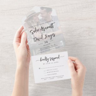 Modern Elegant Script Simple Minimal Photo Wedding All In One Invitation