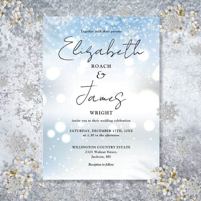 Modern Elegant Script Snowflakes Winter Wedding Invitation (Modern Elegant Script Snowflakes Winter Wedding Invitation)