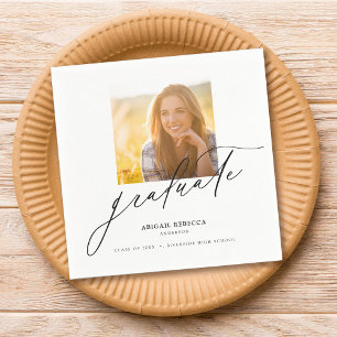 Modern Elegant Script Square Photo Graduation Napkin