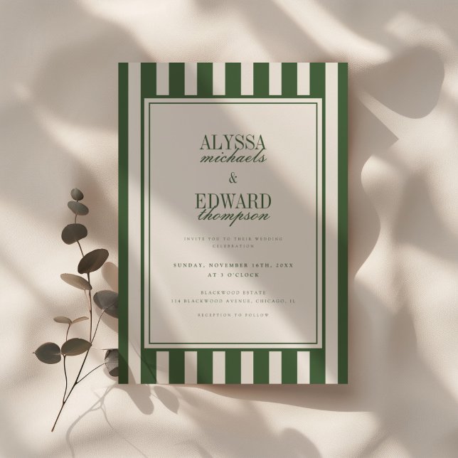 Modern Elegant Script Striped Green Wedding Invitation (Creator Uploaded)