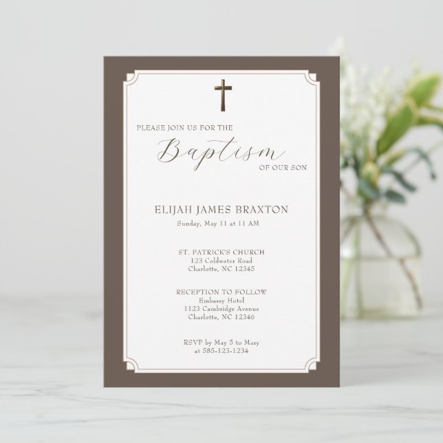Modern Elegant Script Taupe Baptism Invitation (Standing Front)