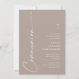 Modern Elegant Script Taupe First Communion Invitation