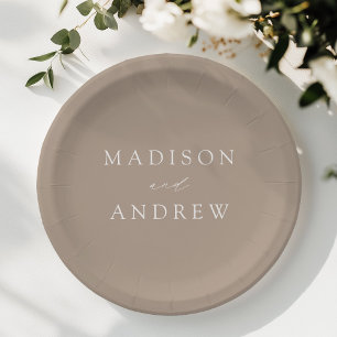 Modern Elegant Script Taupe Wedding Paper Plate