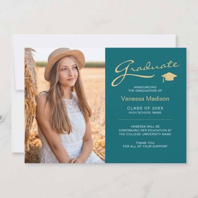 Modern Elegant Script Teal & Gold | 2 Photo Grad Announcement (Front)