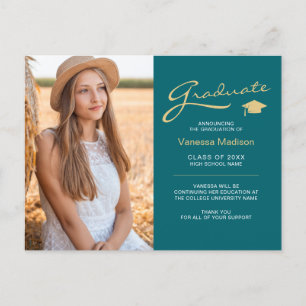 Modern Elegant Script Teal & Gold   2 Photo Grad Postcard