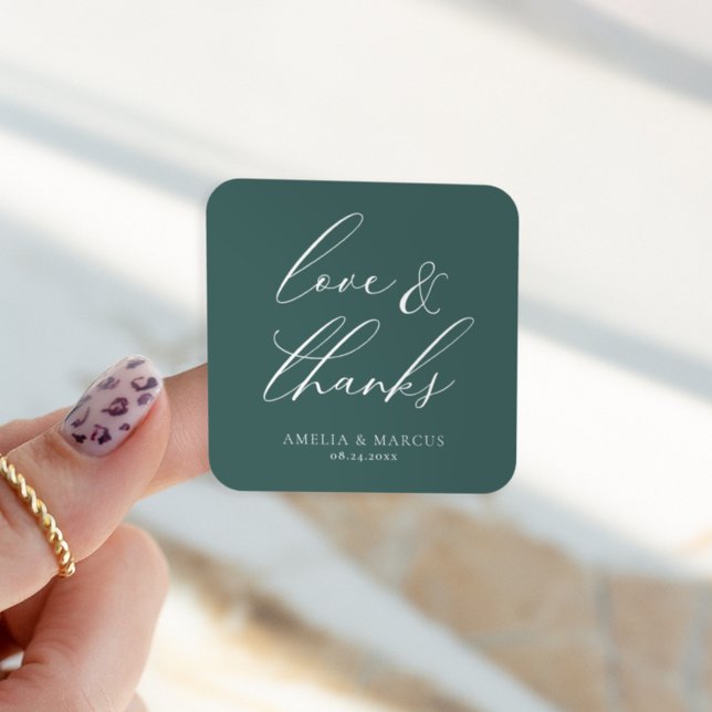 Modern Elegant Script Teal Love & Thanks Square Sticker (Creator Uploaded)