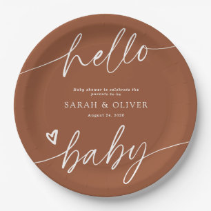 Modern Elegant Script Terracotta Baby Shower Paper Plate