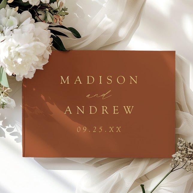 Modern Elegant Script Terracotta Photo Wedding Guest Book (Creator Uploaded)