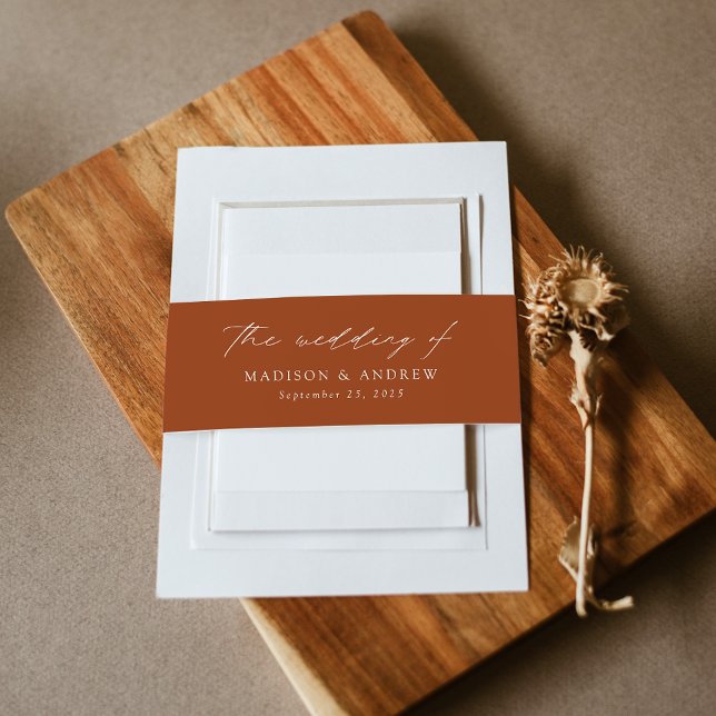 Modern Elegant Script Terracotta Wedding Invitation Belly Band (Creator Uploaded)