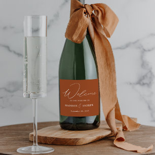 Modern Elegant Script Terracotta Wedding Sparkling Wine Label
