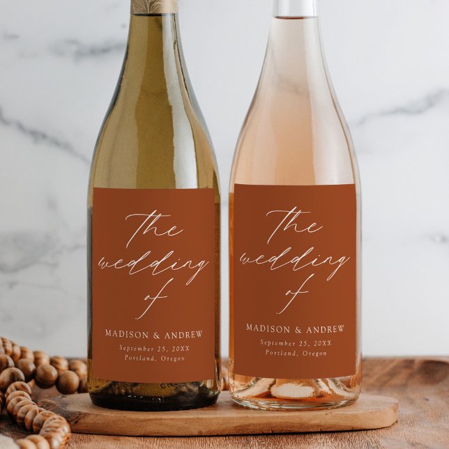 Modern Elegant Script Terracotta Wedding Wine Label (Creator Uploaded)