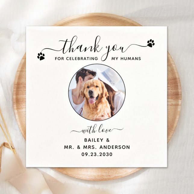 Modern Elegant Script Thank You Photo Pet Wedding Napkin (Creator Uploaded)
