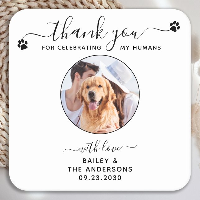 Modern Elegant Script Thank You Photo Pet Wedding Square Paper Coaster (Creator Uploaded)