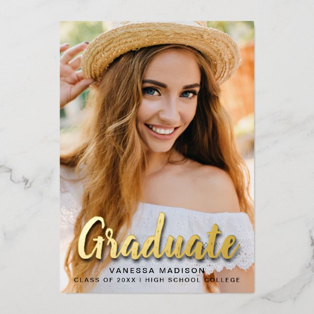 Modern Elegant Script Trendy Photo Foil Grad Card (Front)