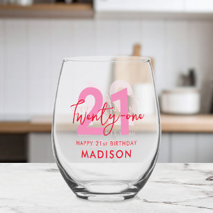 Modern Elegant Script Twenty One 21st Birthday Stemless Wine Glass