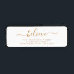 Modern Elegant Script Typography Believe Return Address Label<br><div class="desc">Believe - Modern and Elegant White and Gold Script Hand Written Lettering Typography Merry Christmas Card Invitation Return Address Label which is great for a Christmas Holiday Card or Happy Holidays Invitation. The text of this hand lettered modern script typography label can be updated and customised with your name and...</div>